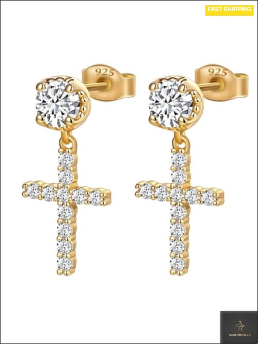 Gold Plated Sterling Silver Screw Back Cross Dangle Earrings Hypoallergenic Cz